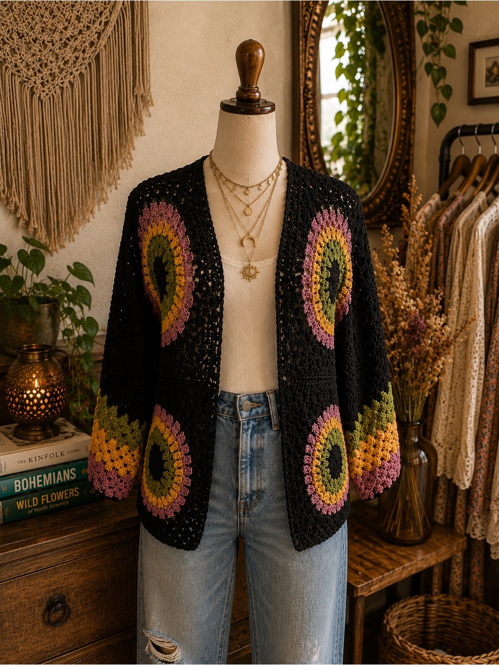 Black Crochet Circle Detail Women's Sweater Cardigan - Pink, Yellow, Green